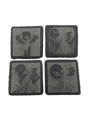 Slate Dragon Coasters Engraved Set Of 4 Square Gray 4"